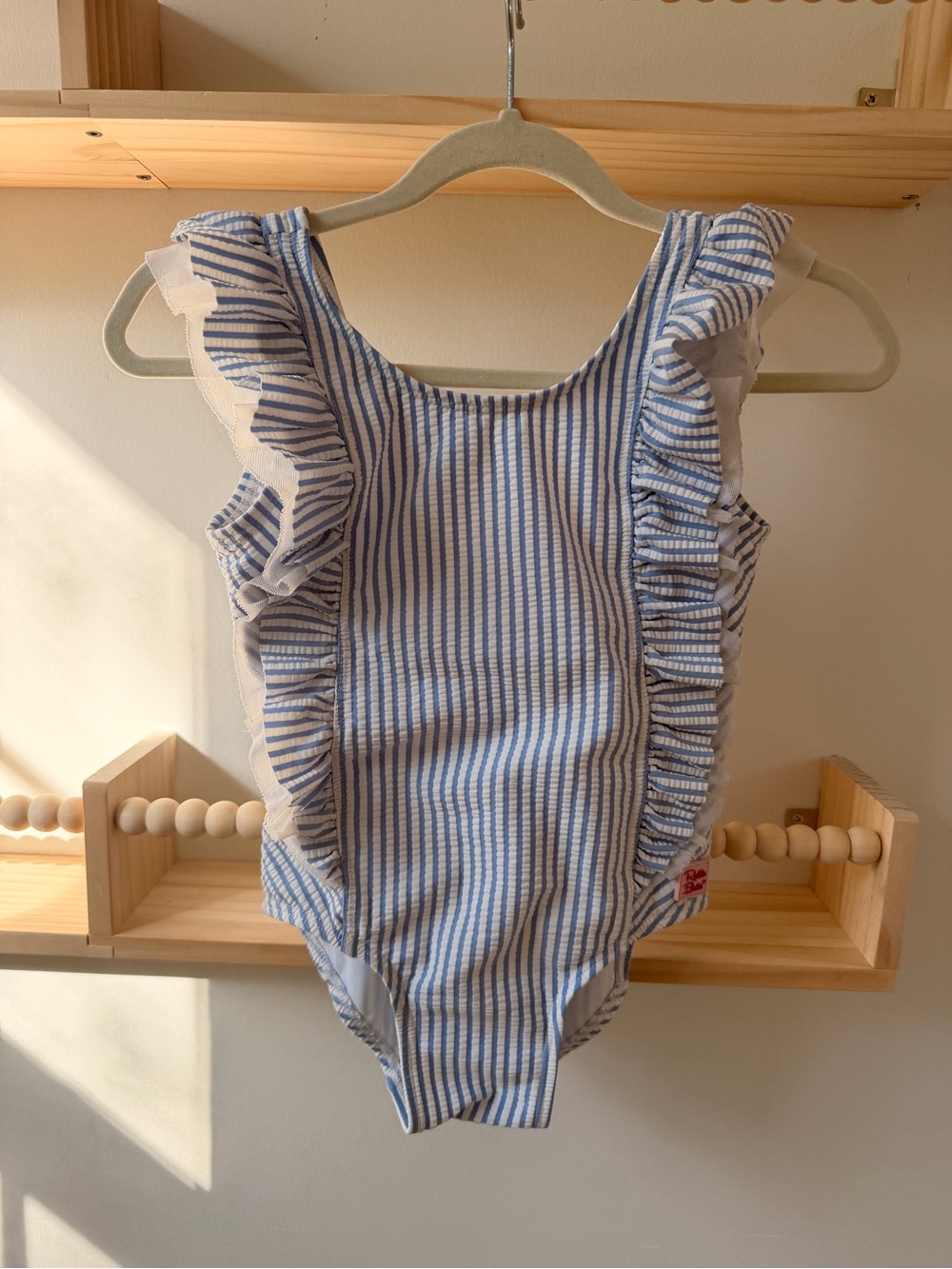 RuffleButts Striped Blue & White Ruffle One-Piece Swimsuit